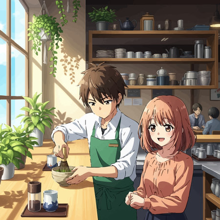 Illustration of a young man and a girl in a cafe.の素材