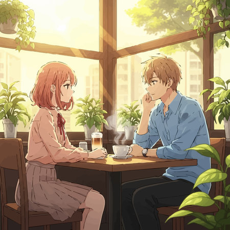 Illustration of a young couple sitting at a table in a cafeの素材