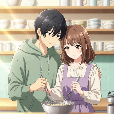 Illustration of a Teenage Couple Cooking in the Kitchen.の素材