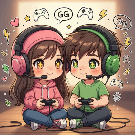 Boy and girl playing video games with headphones and controller. Vector illustration.の素材