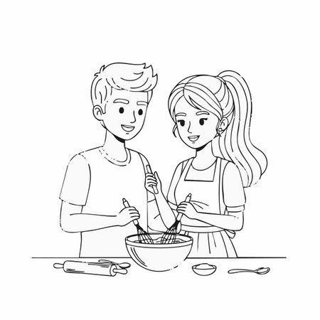 Cute cartoon couple cooking together. Vector illustration of a man and woman baking together.の素材