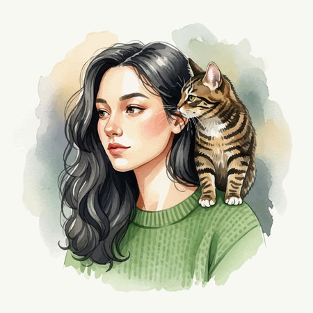 Beautiful young woman with cat. Watercolor hand drawn illustration.の素材