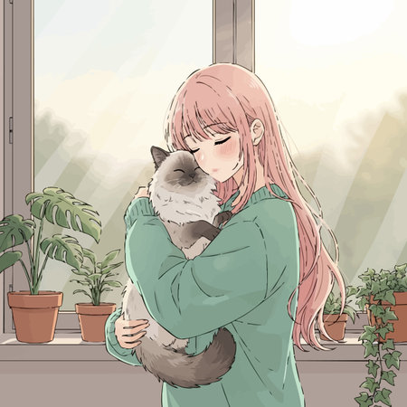 Illustration of a young woman holding a cat in her arms.の素材