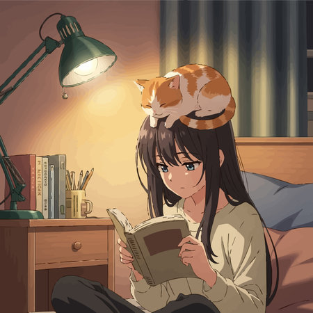 girl reading a book in bed with a cat on her head.の素材