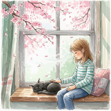 A girl is sitting on a windowsill with a cat and cherry blossomsの素材