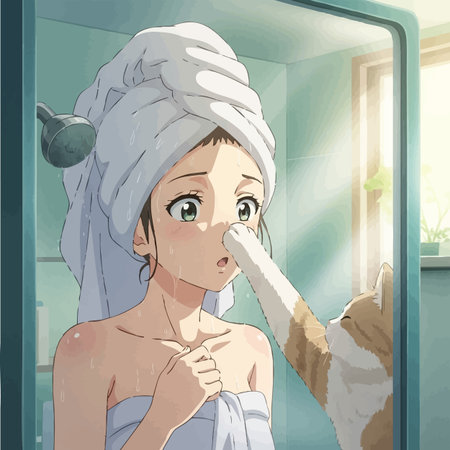 Illustration of a young woman with a towel on her head looking at the mirrorの素材