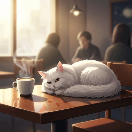White cat and a cup of coffee on the table in a cafeの素材