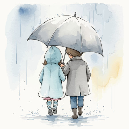 Couple in rain. Watercolor hand drawn illustration. Vector.の素材