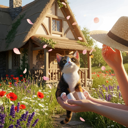 Cute cat in the hands of a woman near a wooden houseの素材