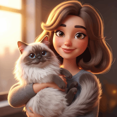 Beautiful young woman with a cat at home. 3d renderingの素材