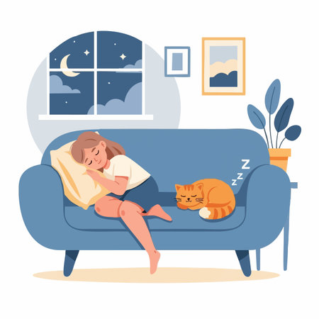 Woman sleeping on sofa with cat. Vector illustration in flat style.の素材
