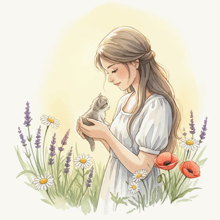 Illustration of a young woman with a cat in her arms.の素材