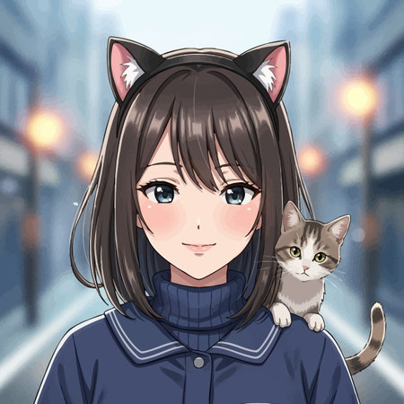Beautiful girl with cat in her arms on the background of the cityの素材