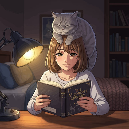 Cute girl reading a book in her bedroom at night. Vector illustration.の素材