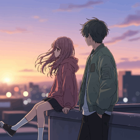 Young couple in love on the roof at sunset. Vector illustration.の素材
