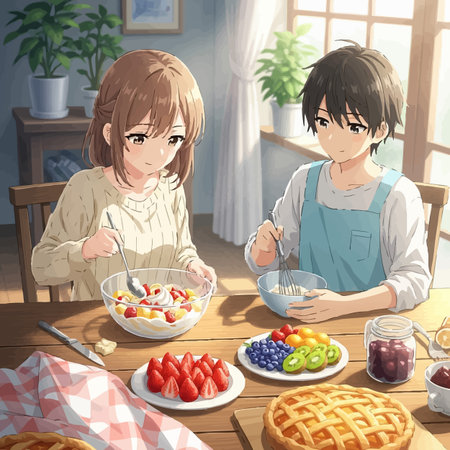 Cute boy and girl eating healthy food in the kitchen at homeの素材
