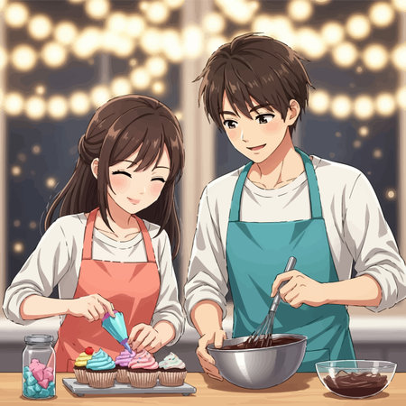 Cute boy and girl making cakes in the kitchen. Vector illustration.の素材