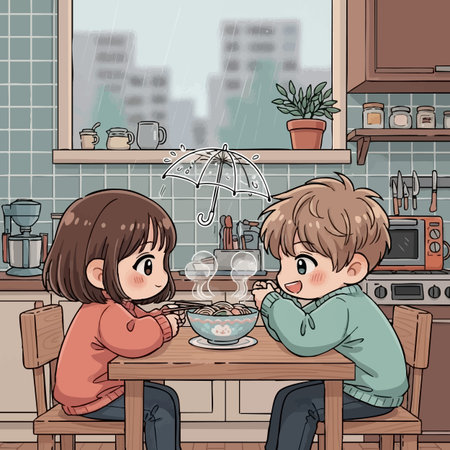 Cute little boy and girl sitting at the table in the kitchenの素材