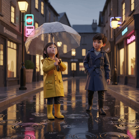 Two boys in raincoats with umbrella walking in the city at nightの素材