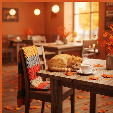 Cute ginger cat lying on wooden table in autumn cafe with cup of coffeeの素材