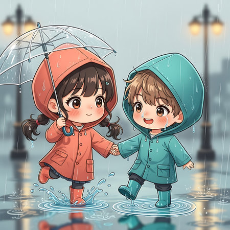Cute little girl and boy in raincoat with umbrella and rain drops illustrationの素材