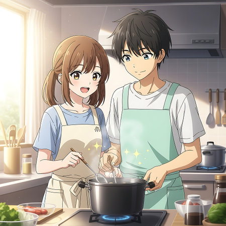 man and woman cooking in the kitchen at home, illustration in vector formatの素材