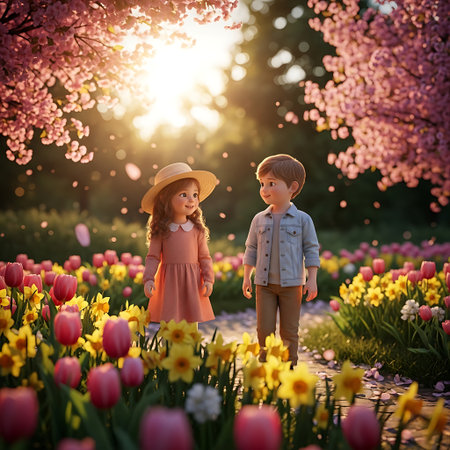 Cute little boy and girl in a blooming spring garden.の素材