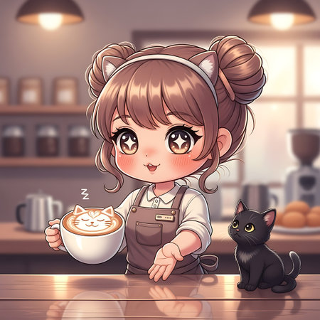 Cute little girl in a cafe with a cup of coffee.の素材