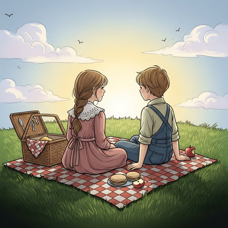Boy and girl on picnic in the meadow, vector illustration.の素材