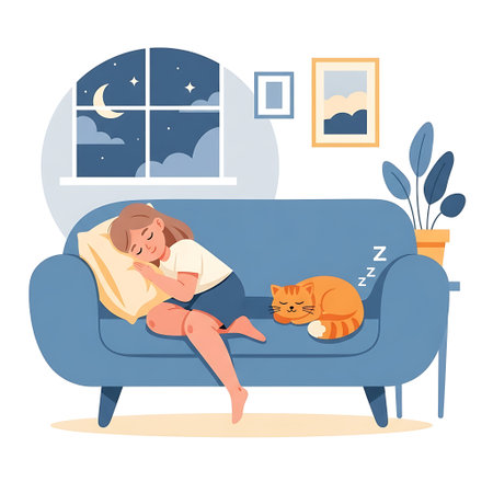 Woman sleeping on the couch with cat. Flat style vector illustration.の素材