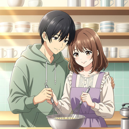 Illustration of a Teenage Couple Cooking in the Kitchen Togetherの素材