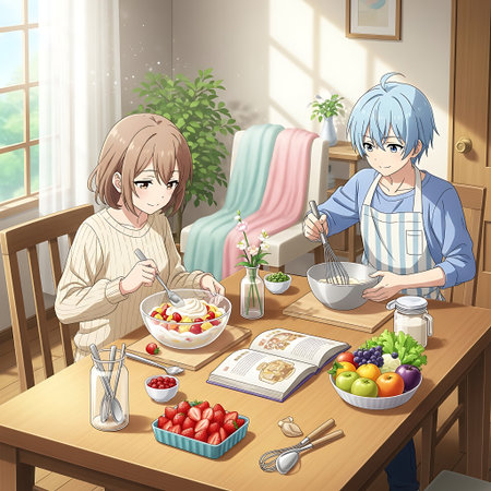 Illustration of a boy and a girl cooking together at the tableの素材