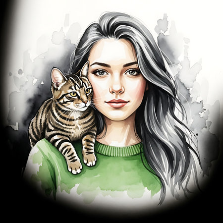 Portrait of beautiful woman with cat in her hands. Vector illustration.の素材