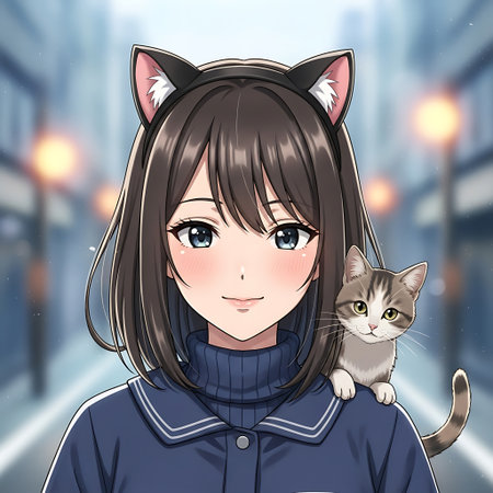 Beautiful girl with cat on the background of the night city.の素材
