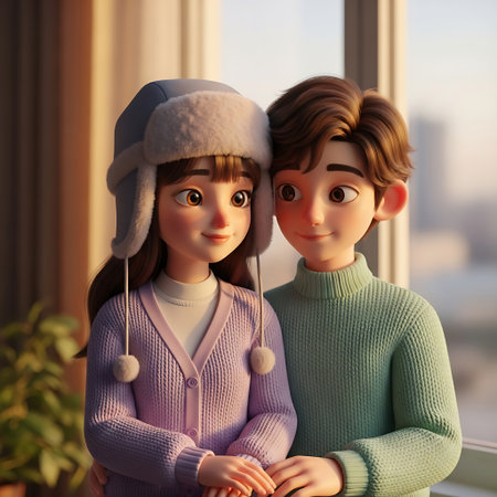 Little boy and girl in warm sweaters on the windowsill.の素材