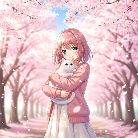 Cute little girl with a cat on a background of cherry blossomsの素材