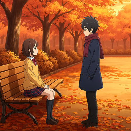 Illustration of a young couple sitting on a bench in the autumn parkの素材