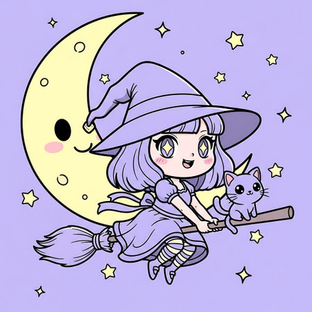 Cute little witch and cat on the background of the moon.の素材