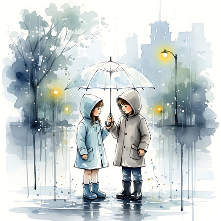 Cute little boy and girl with umbrella in the city. Watercolor illustrationの素材