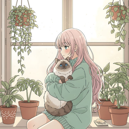 Vector illustration of a girl with a cat on the windowsill.の素材