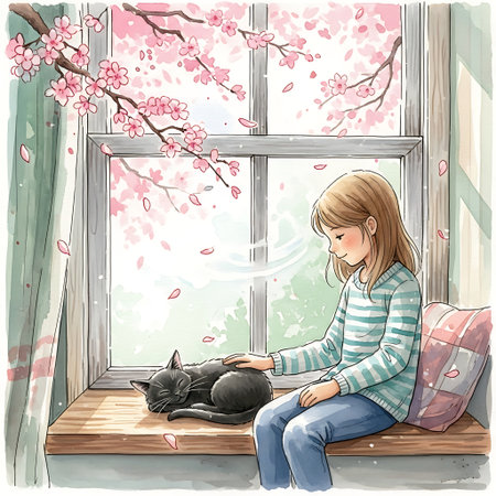 Illustration of a girl sitting on a window sill with a cat.の素材