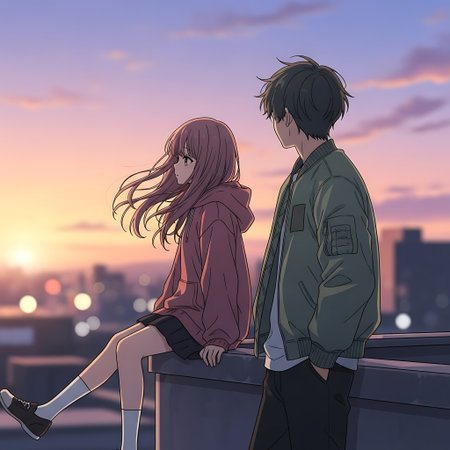 illustration of a young couple in love on the roof of a building at sunsetの素材