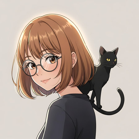 Illustration of a cute girl with a black cat in her hairの素材