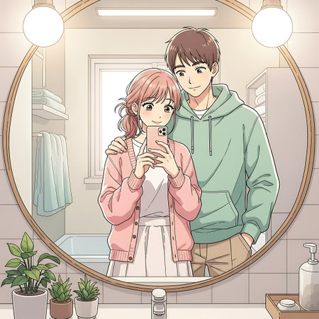 Illustration of a Young Couple Taking Selfie in the Bathroomの素材