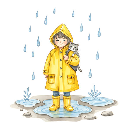 Little girl in raincoat with cat in puddle. Vector illustration.の素材