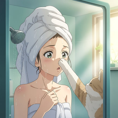 Illustration of a beautiful girl in the bathroom with a towel on her headの素材