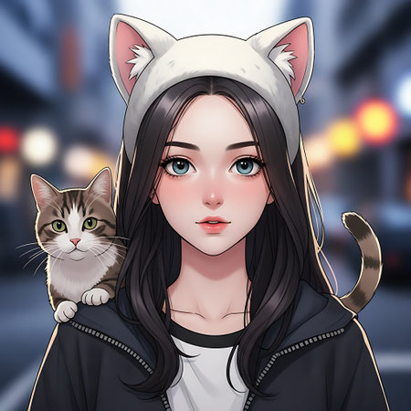 Beautiful girl with cat on the city street. Vector illustration.の素材