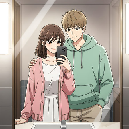 Illustration of a Young Couple Taking Selfie in the Trainの素材