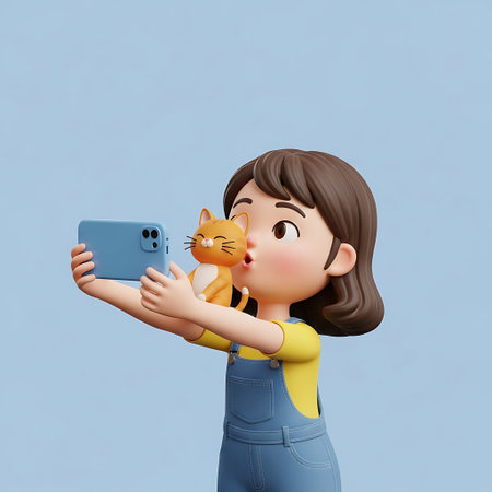3d illustration of a woman taking a selfie with a cat.の素材