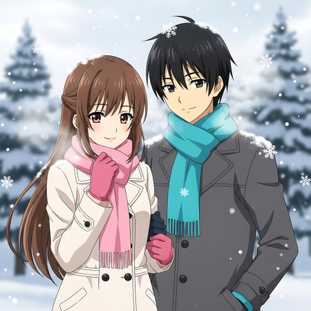 A boy and a girl in winter clothes on a snowy background.の素材
